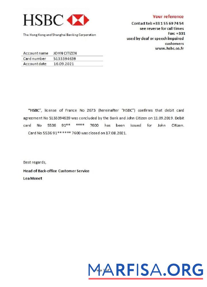 Downloadable France HSBC closure reference sample